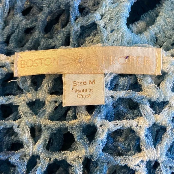 Boston Proper Blue White Open Stitch Crochet V-Neck Sweater 3625 - Picture 8 of 10